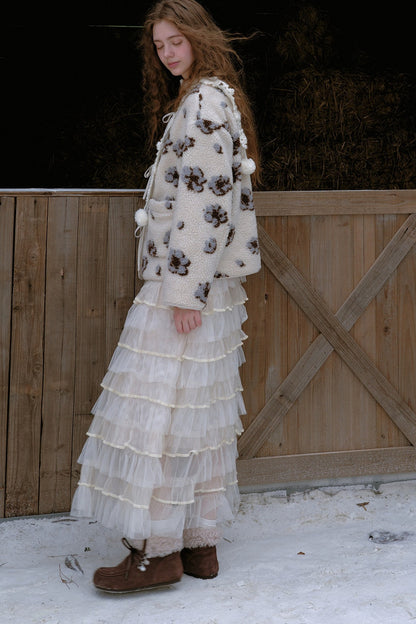 Gesteppte Fleecejacke mit Blumen und Schleife
