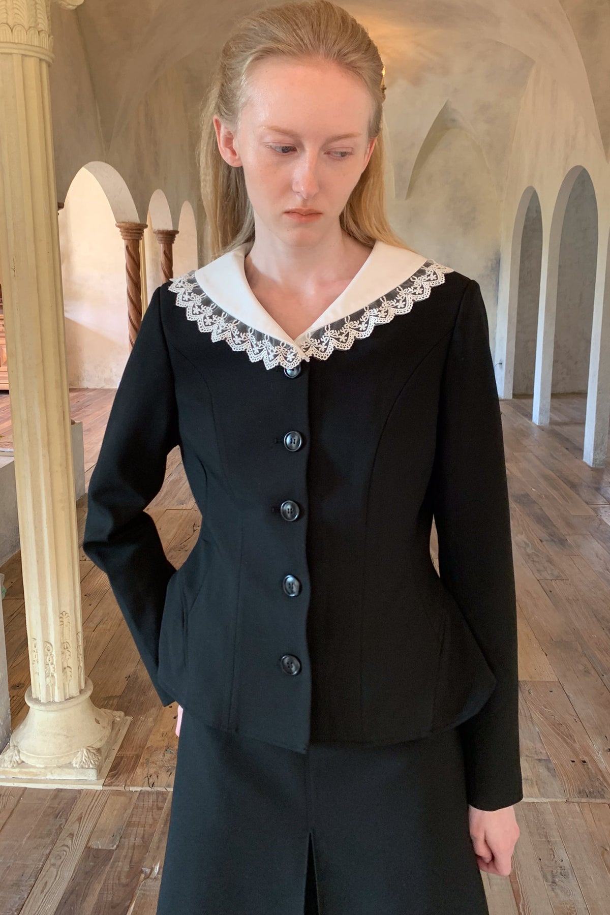 Black Lace Collar Jacket and Skirt Set-Up