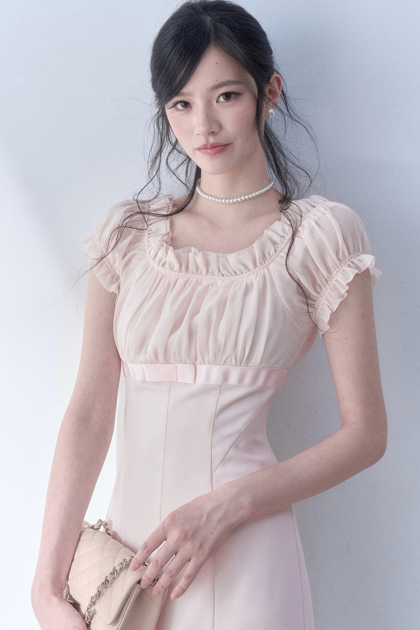 Square Neck High-Waisted Bodycon Chiffon Dress