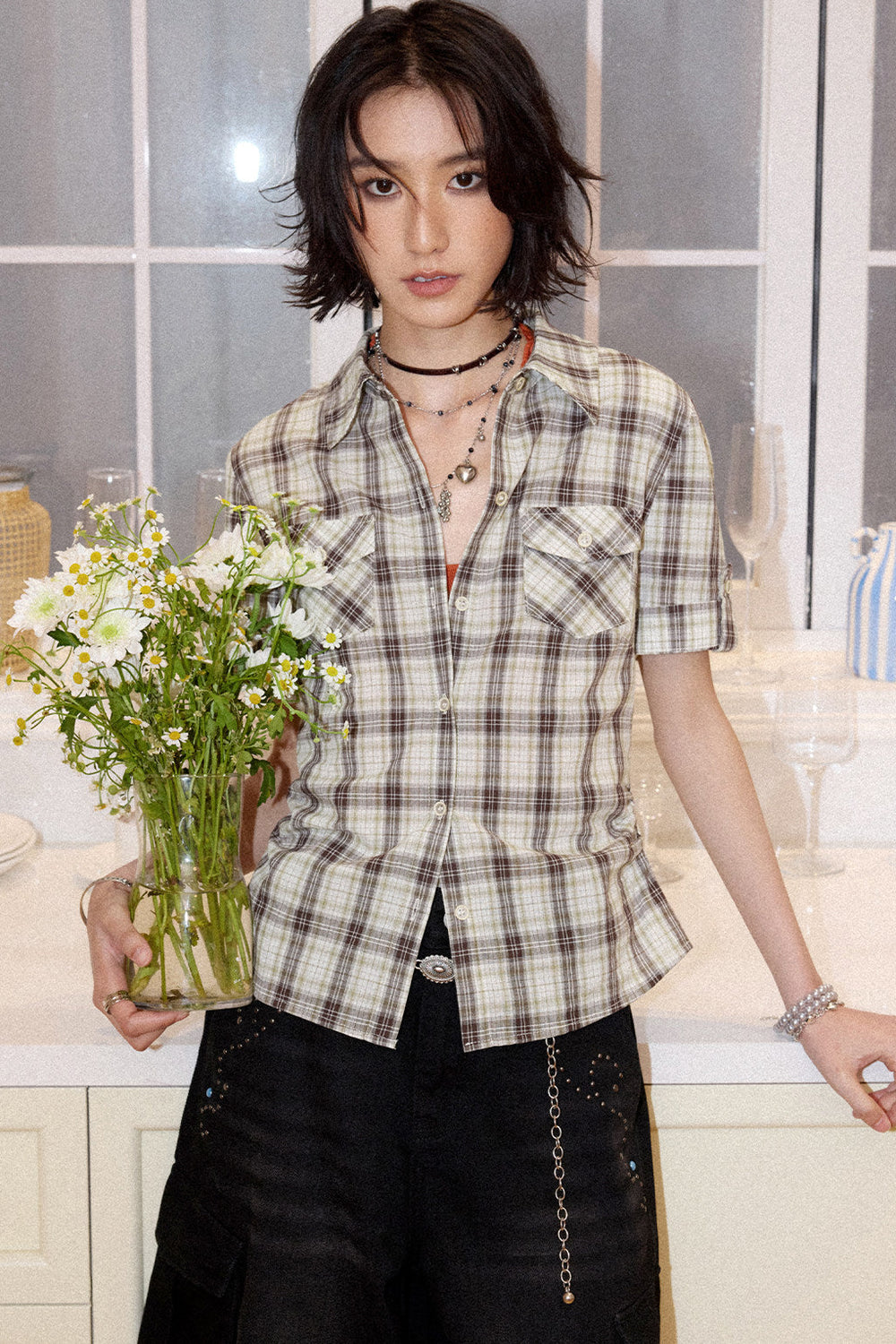 Color-Block Pocket Plaid Blouse