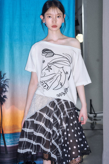 Bird And Tulip Print One-Shoulder Tencel T-Shirt