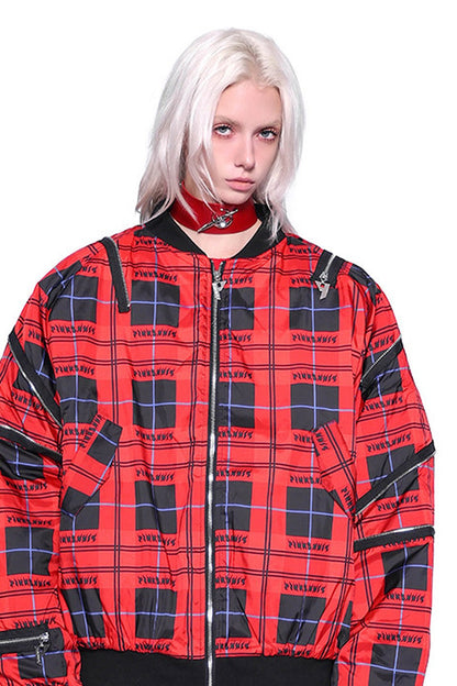 Flame Red Quilted Zipper Structure Patchwork Jacket