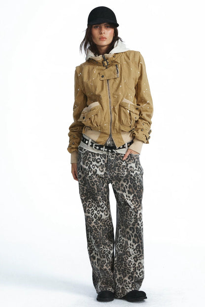 Leopard Print Double-Waistband Wide-Leg Jeans
