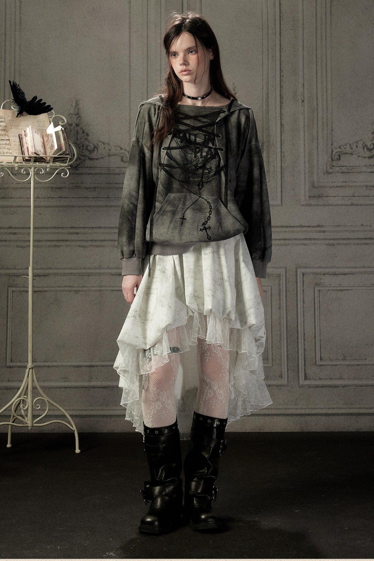 Distressed Drawstring Cross Print Hooded Pullover Sweatshirt