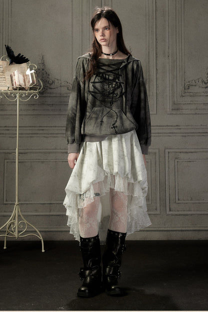 Distressed Drawstring Cross Print Hooded Pullover Sweatshirt