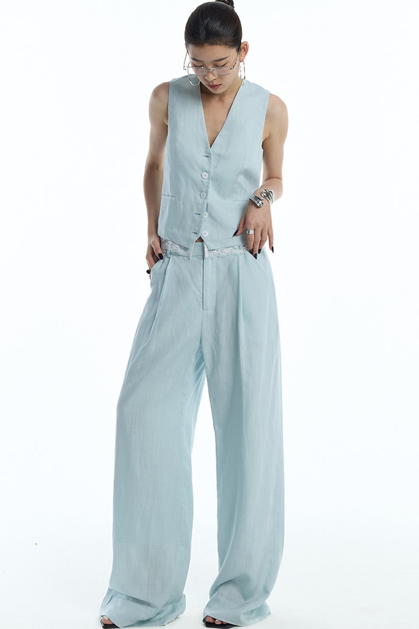 Mint Green Lyocell Cotton Linen Lace Vest and Pants Set-Up