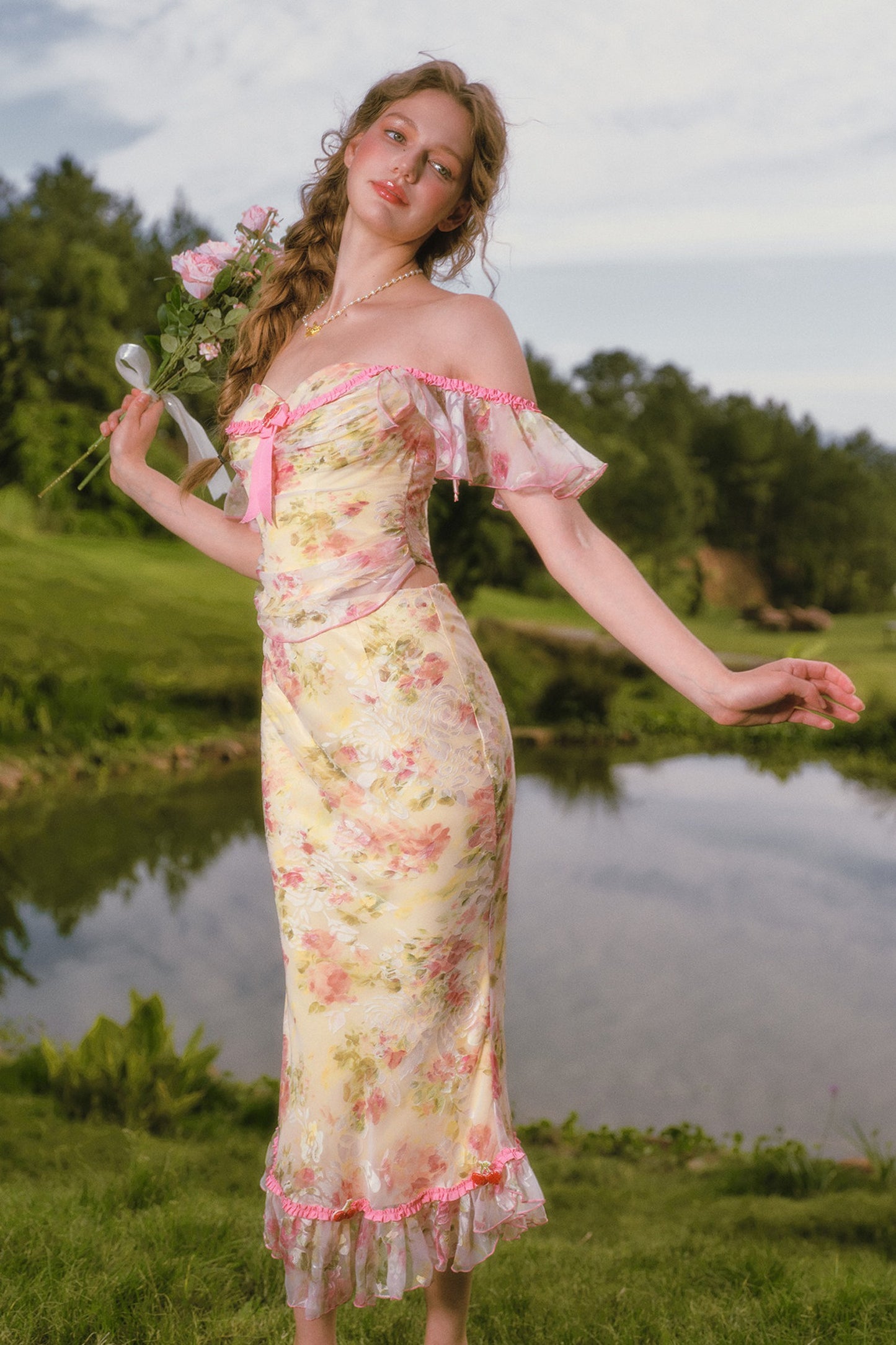 Floral Off-Shoulder Fishbone Corset Top and Skirt Set-Up