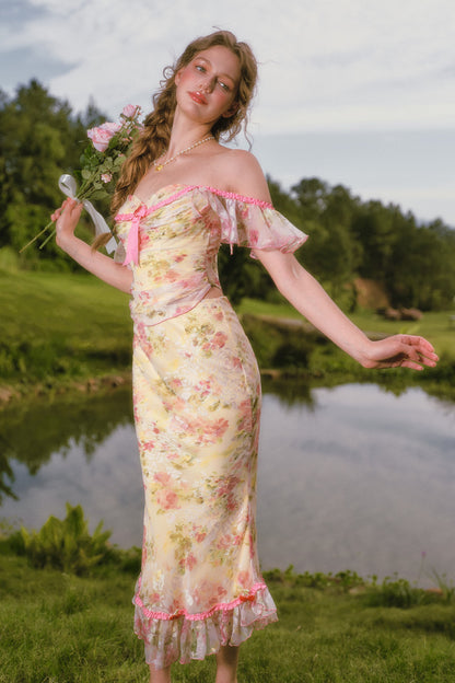Floral Off-Shoulder Fishbone Corset Top and Skirt Set-Up
