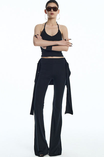 Black Mesh Halter Top And Flared Yoga Pants Set-Up