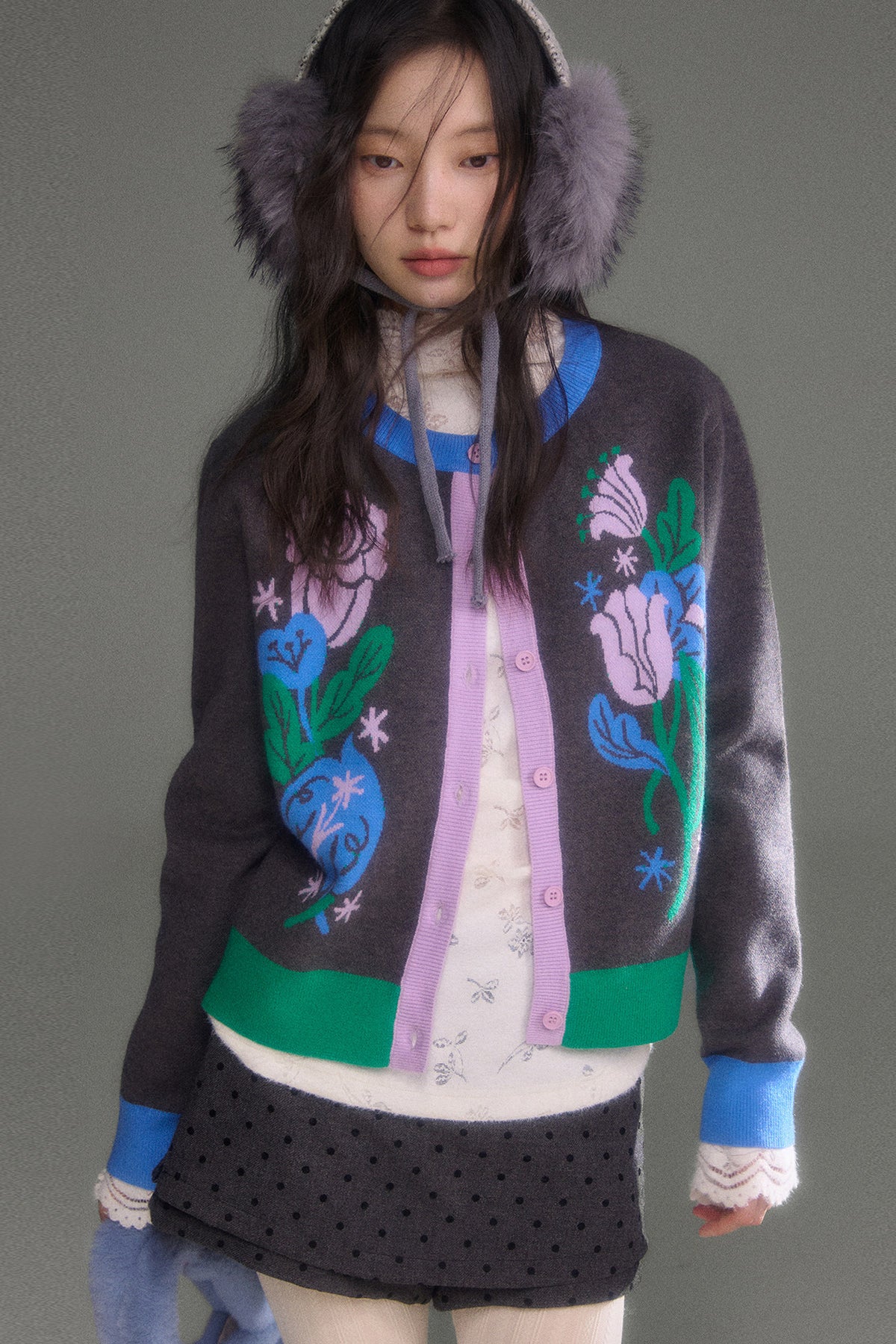 Nightingale Rose Bird Jacquard Knit Cardigan Vest and Skirt Set-Up