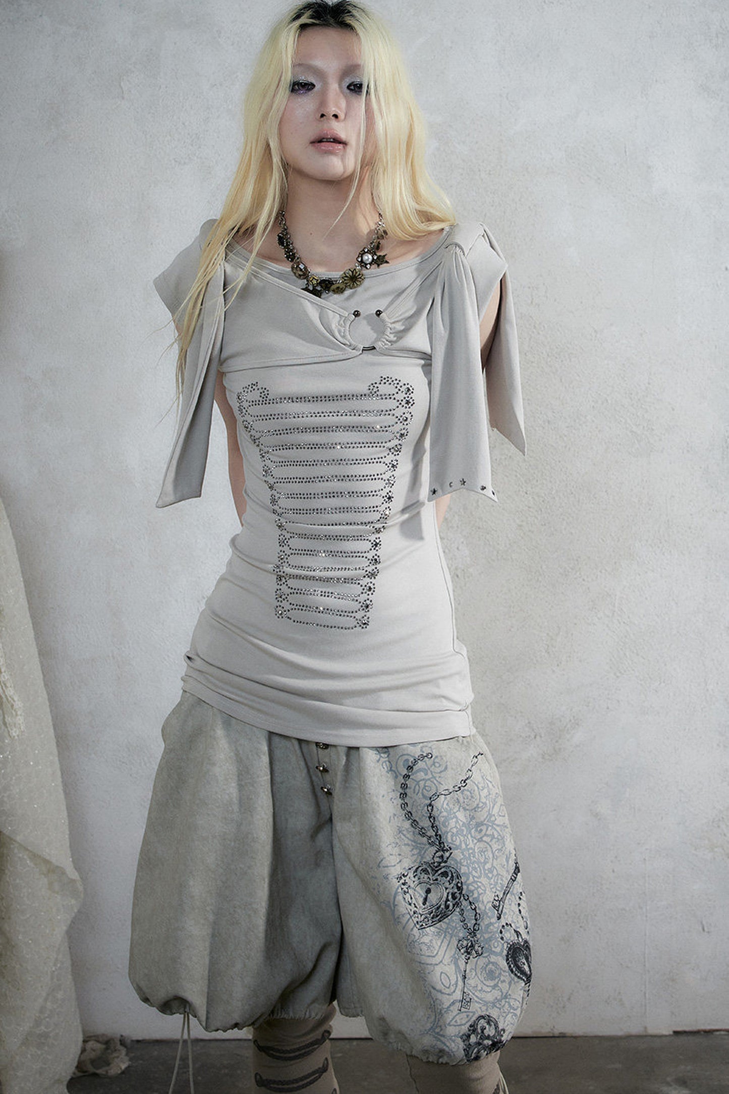 Rhinestone Corset Short-Sleeve Knit Dress