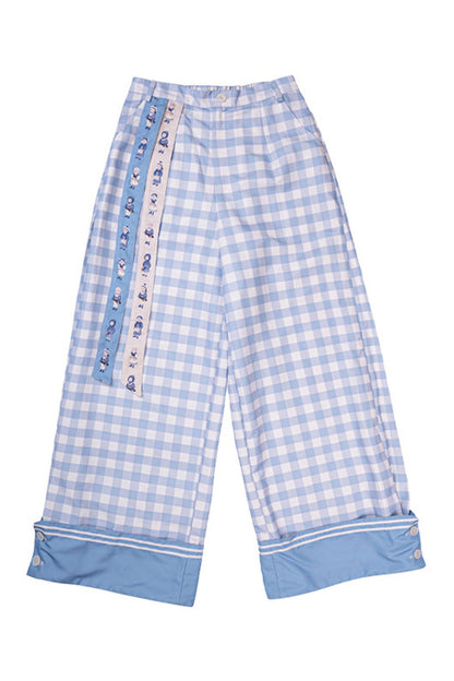 Blue And White Plaid Wide-Leg Pants