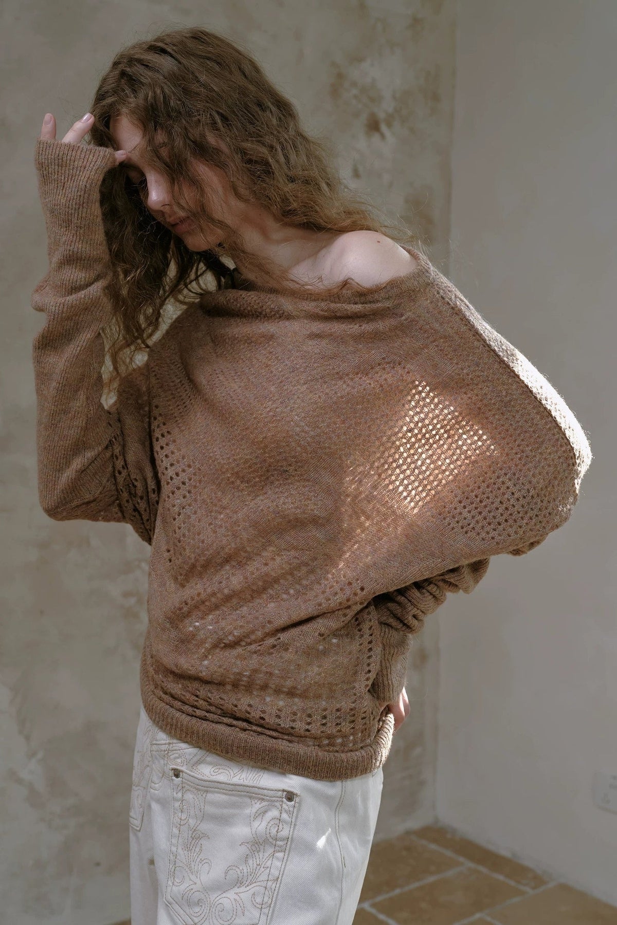 Off-Shoulder Wool Batwing Knit Top