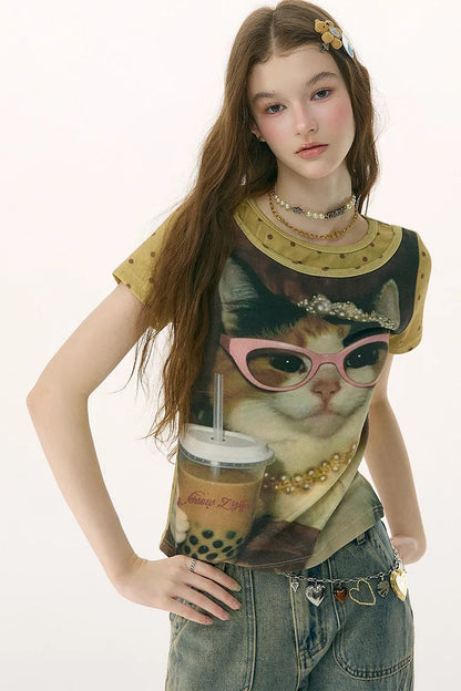 Retro Distressed Cat Print Yellow T-Shirt