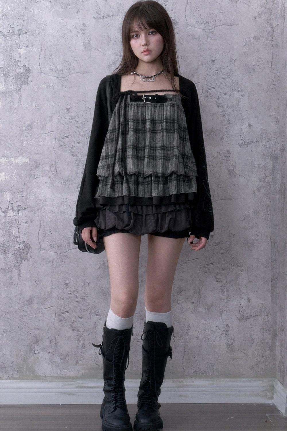 Black Gray Plaid Balloon Suspender Cover-Up Set