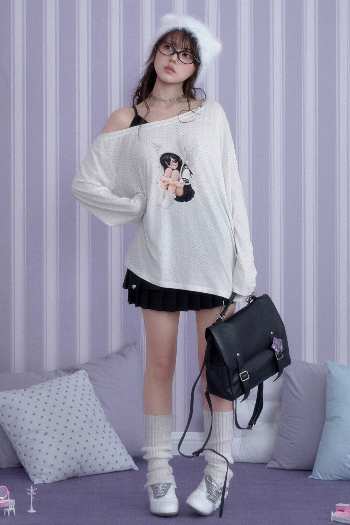 White Star Off-Shoulder Layered-Look T-shirt