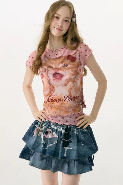 Retro Pink Cat Star Mesh T-Shirt