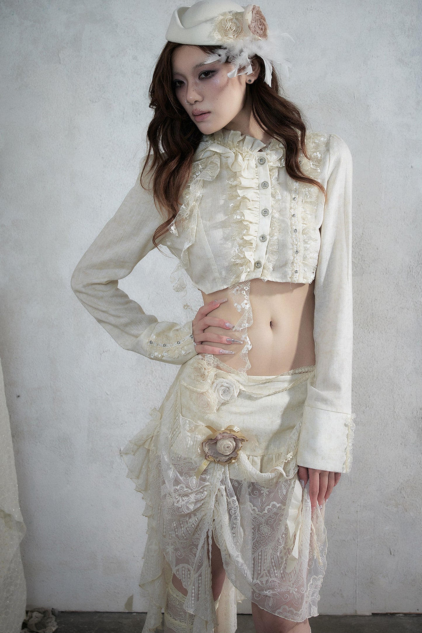 Asymmetric Polka Dot Striped Lace Shirt