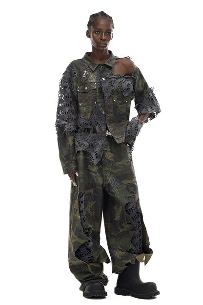 Distressed Camouflage Denim Jacket