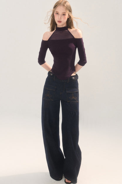 Pleated Pocket Wide Leg Jeans