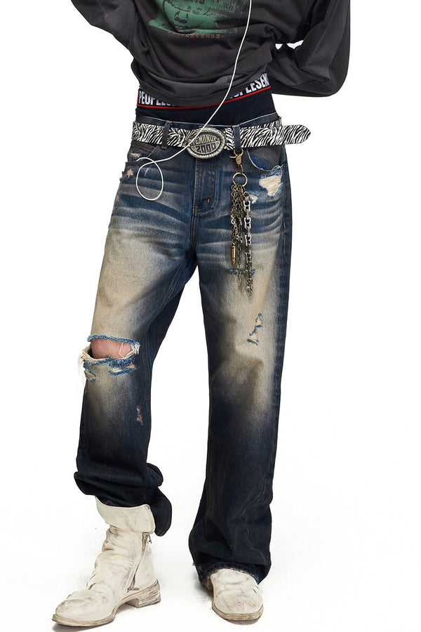 Gradient Washed Distressed Flared Jeans