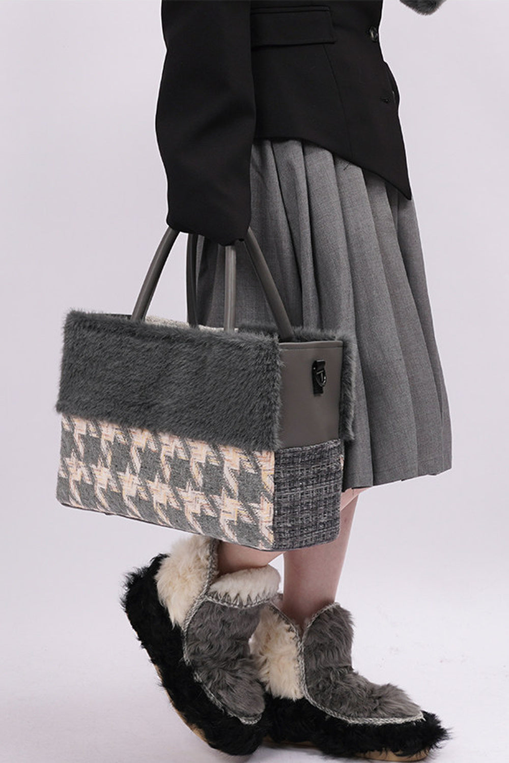 Furry Color-Block Tote Bag