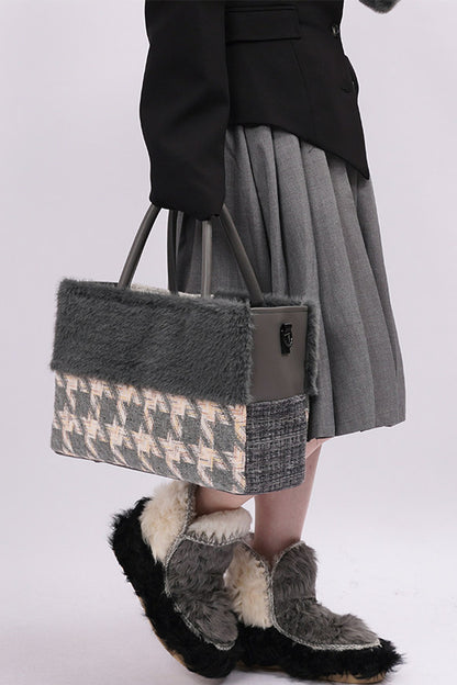 Furry Color-Block Tote Bag
