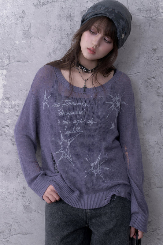 Purple Ripped Knit Mesh Print Sweater