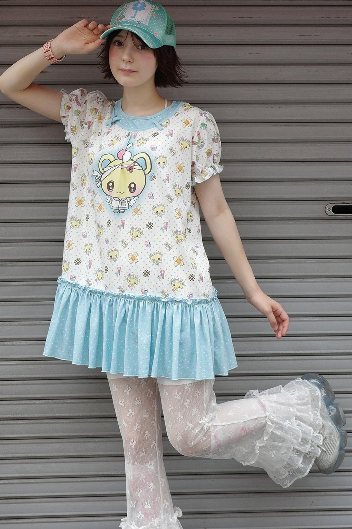 Bear And Rabbit Print Layered-Look Dress