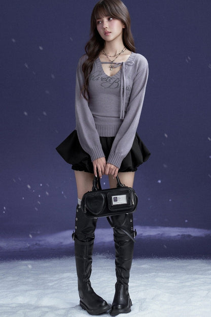 Schwarz-violetter Pullover mit V-Ausschnitt und Bindeband