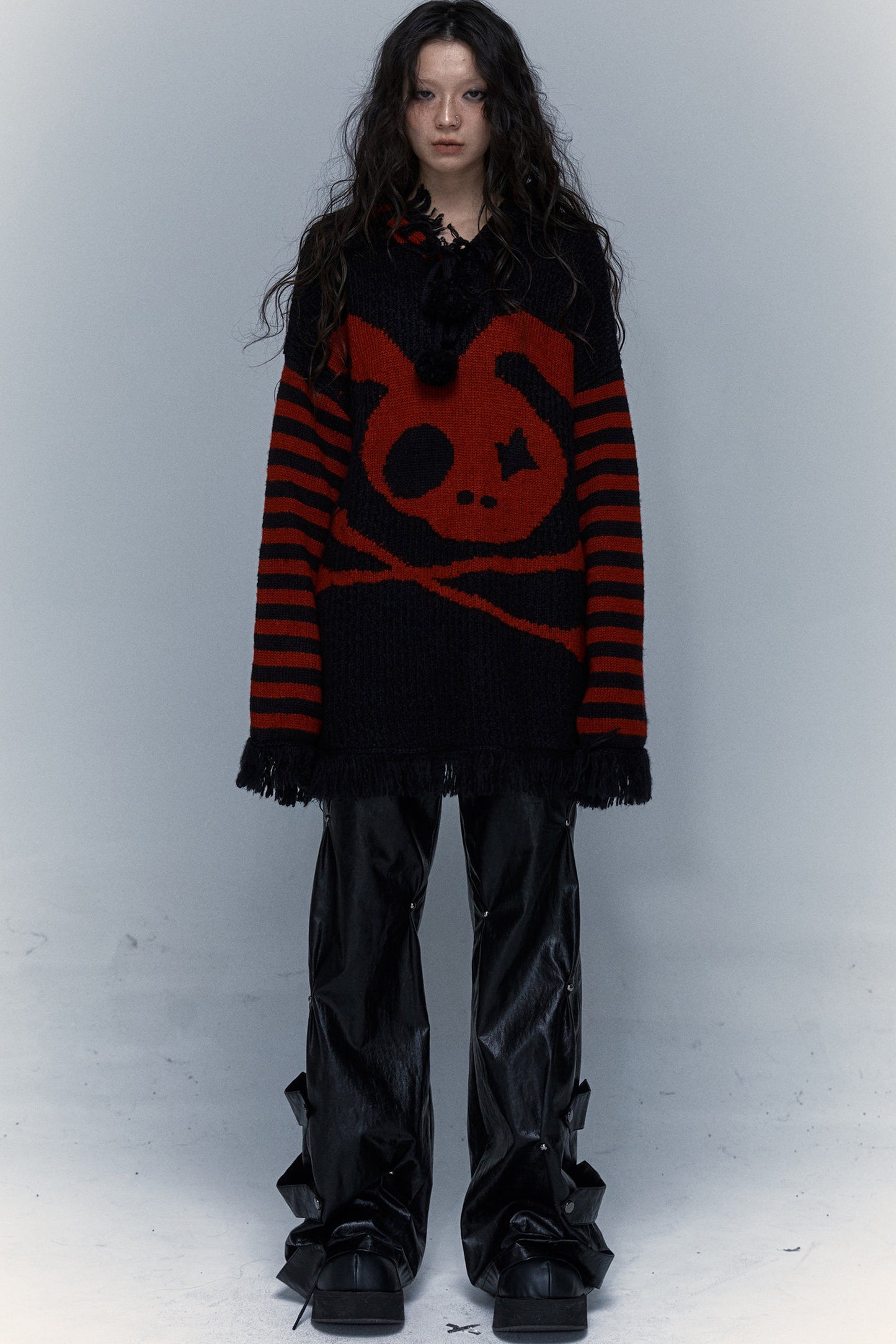 Skull Rabbit Hooded Knit Blouse