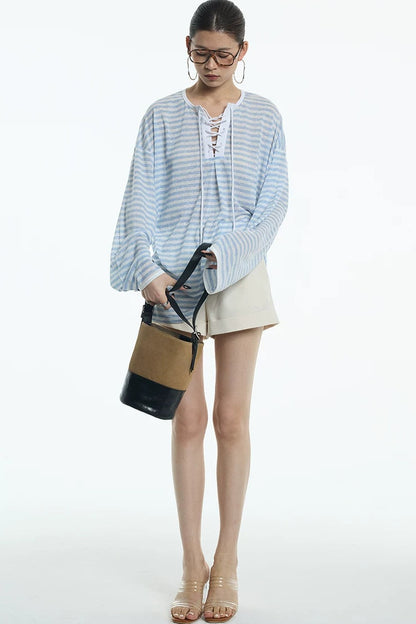 Navy Blue Tie-Neck Lyocell Top