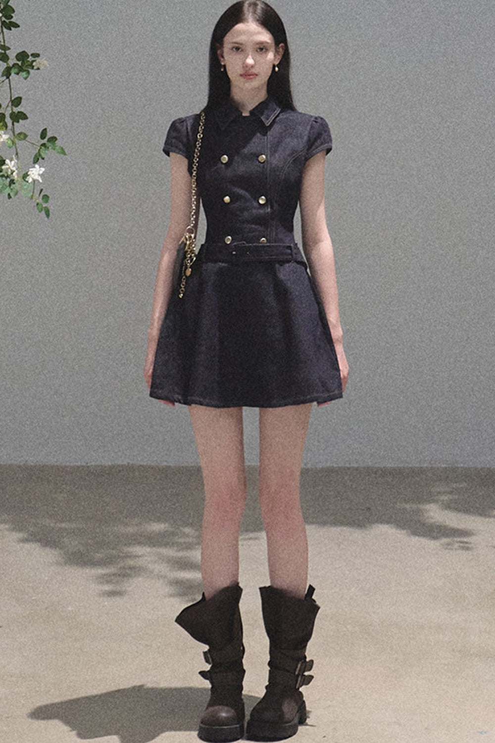 Retro Denim Waist-Cinching Dress Set-Up