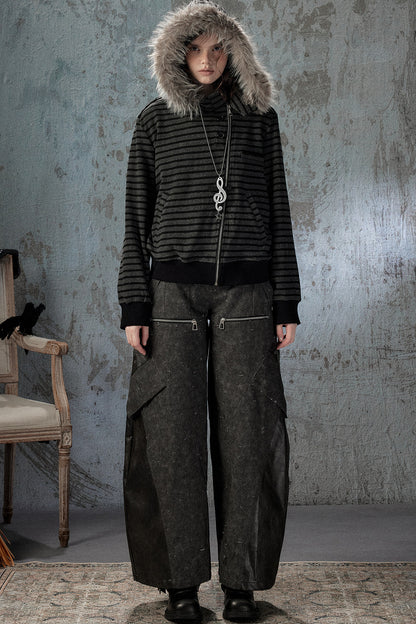 Black Patchwork Ripped High-Waisted Cargo Pants