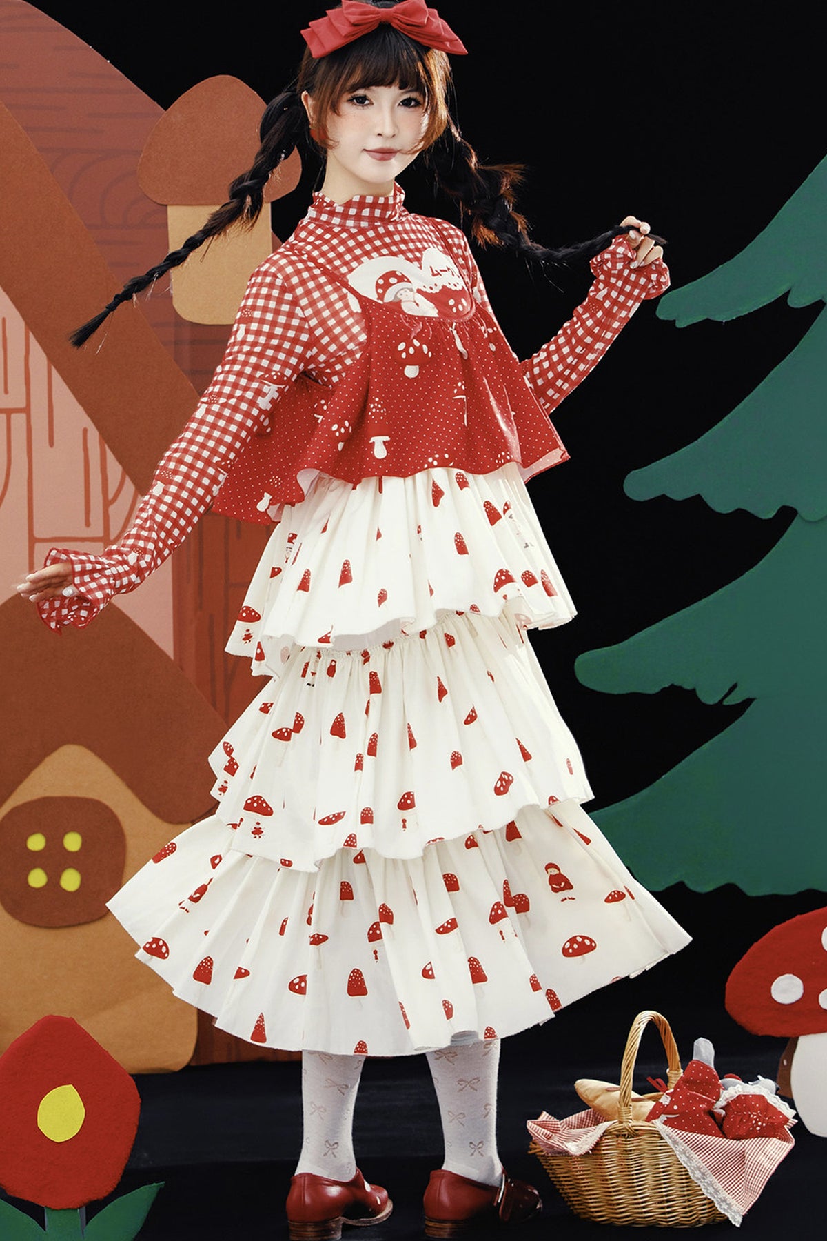 Red Mushroom Print Layered-Look Suspender Dress