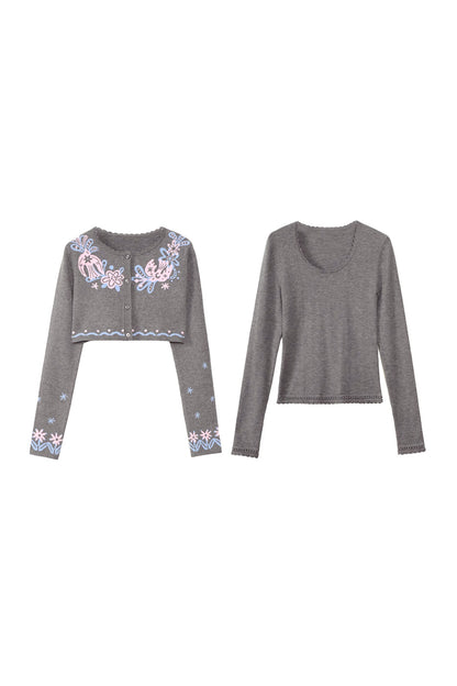 Hawthorn And Birds Jacquard Knit Cardigan And Top Set