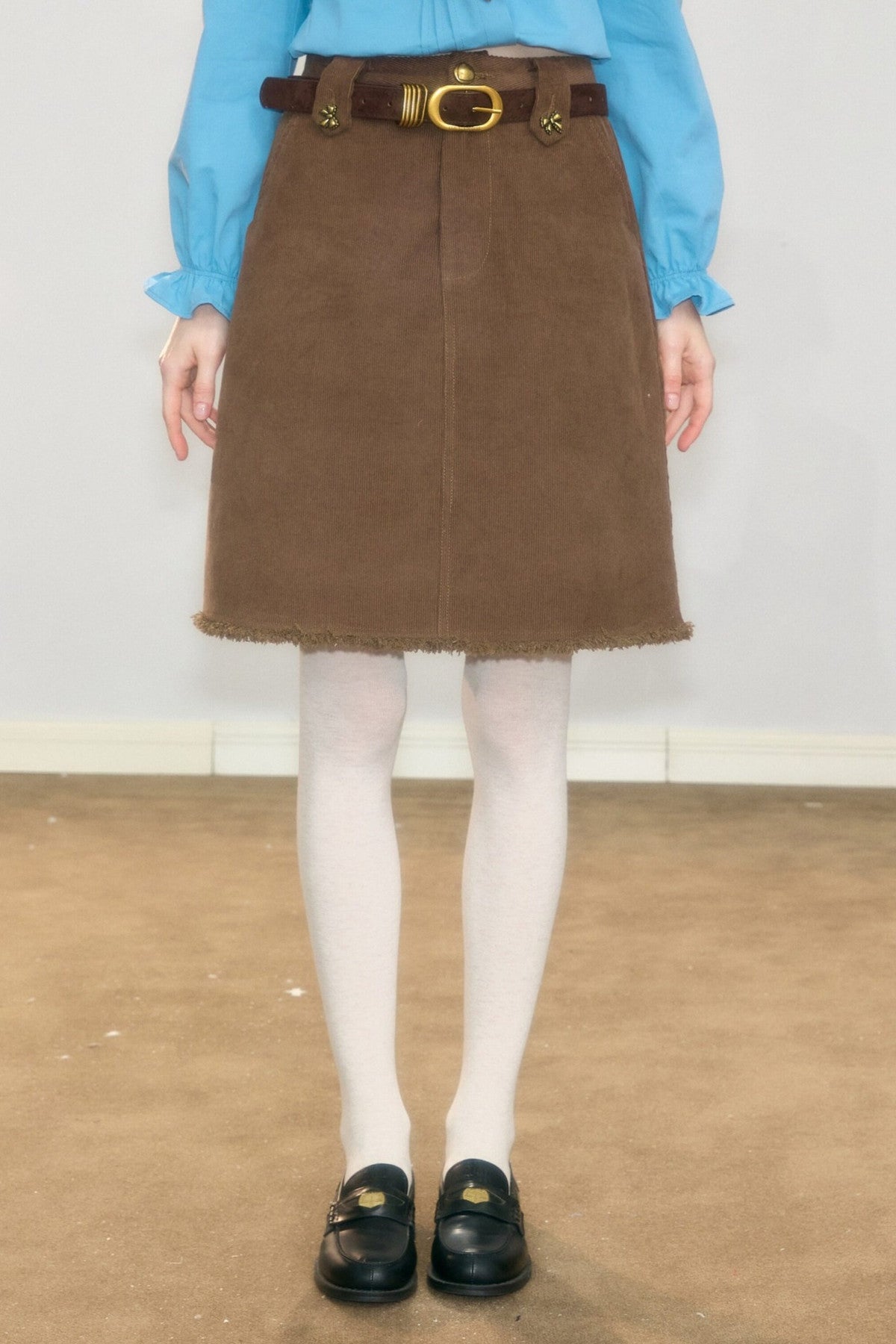 Brown Frayed Corduroy Mid-Length Skirt