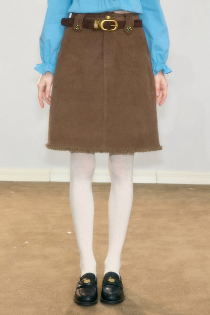 Brown Frayed Corduroy Mid-Length Skirt