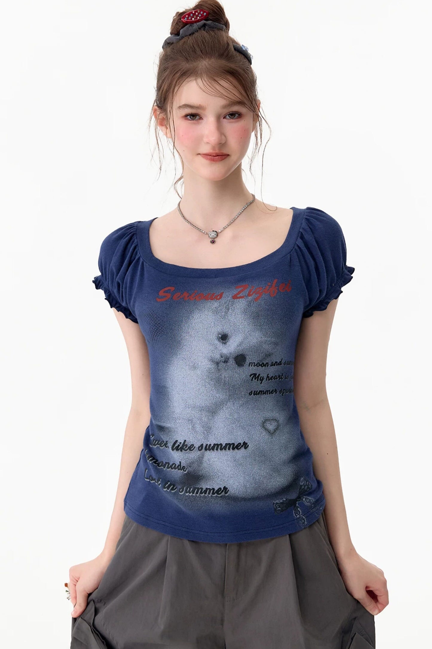 Dark Blue Puff Sleeve T-Shirt