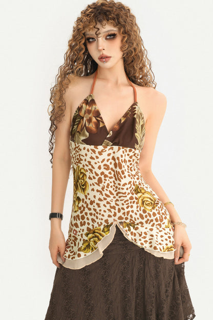 Y2K Leopard Rose Irregular Slit Halter Camisole