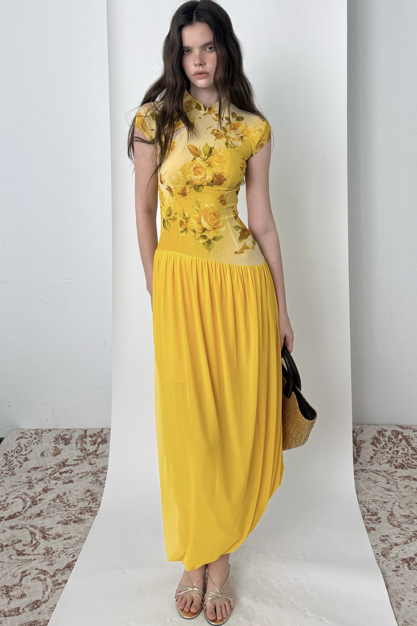 Yellow Rose Print Mesh Qipao Long Dress