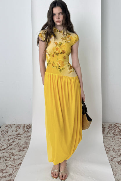Yellow Rose Print Mesh Qipao Long Dress