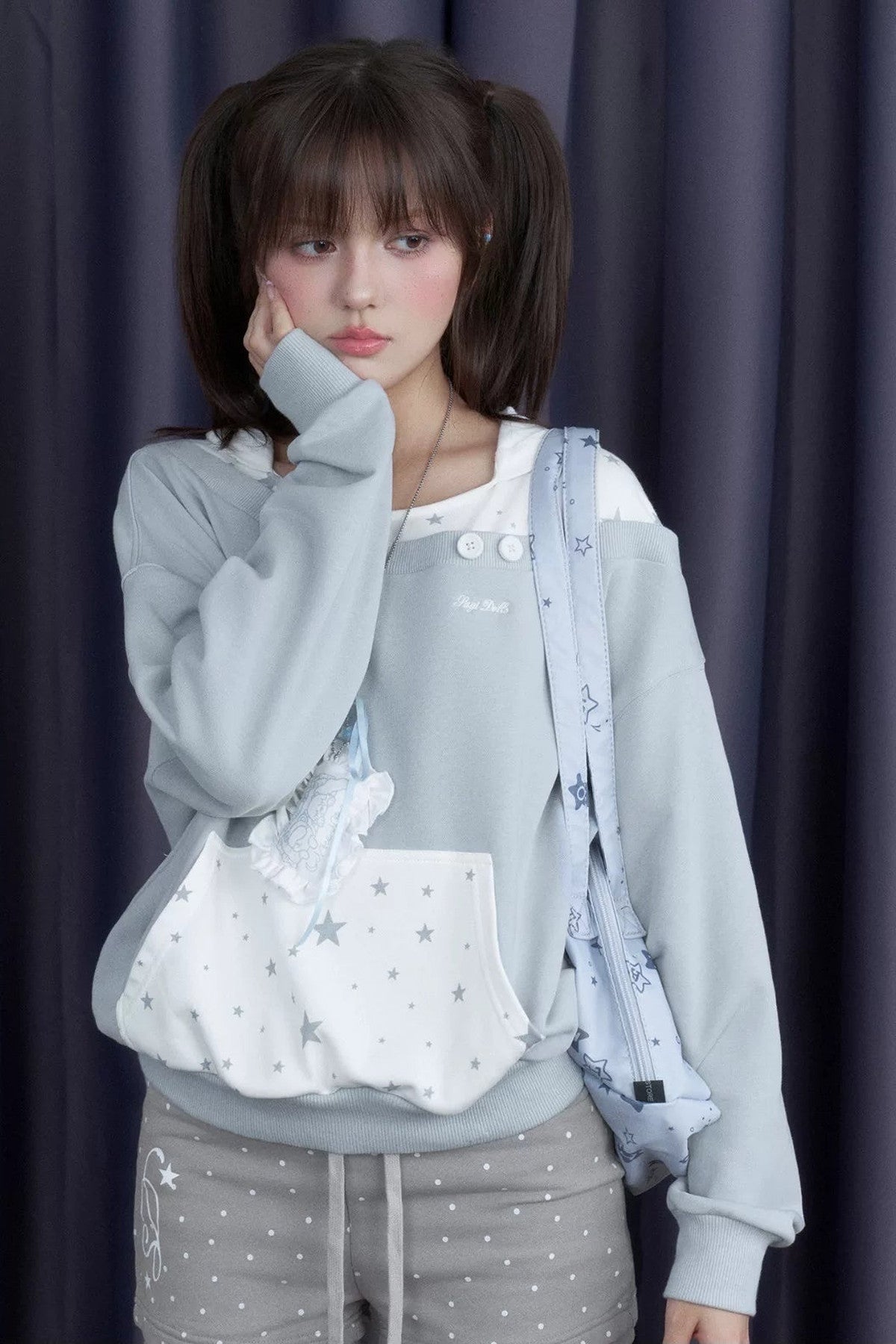 Blue White Star Layered-Look Hooded Sweatshirt