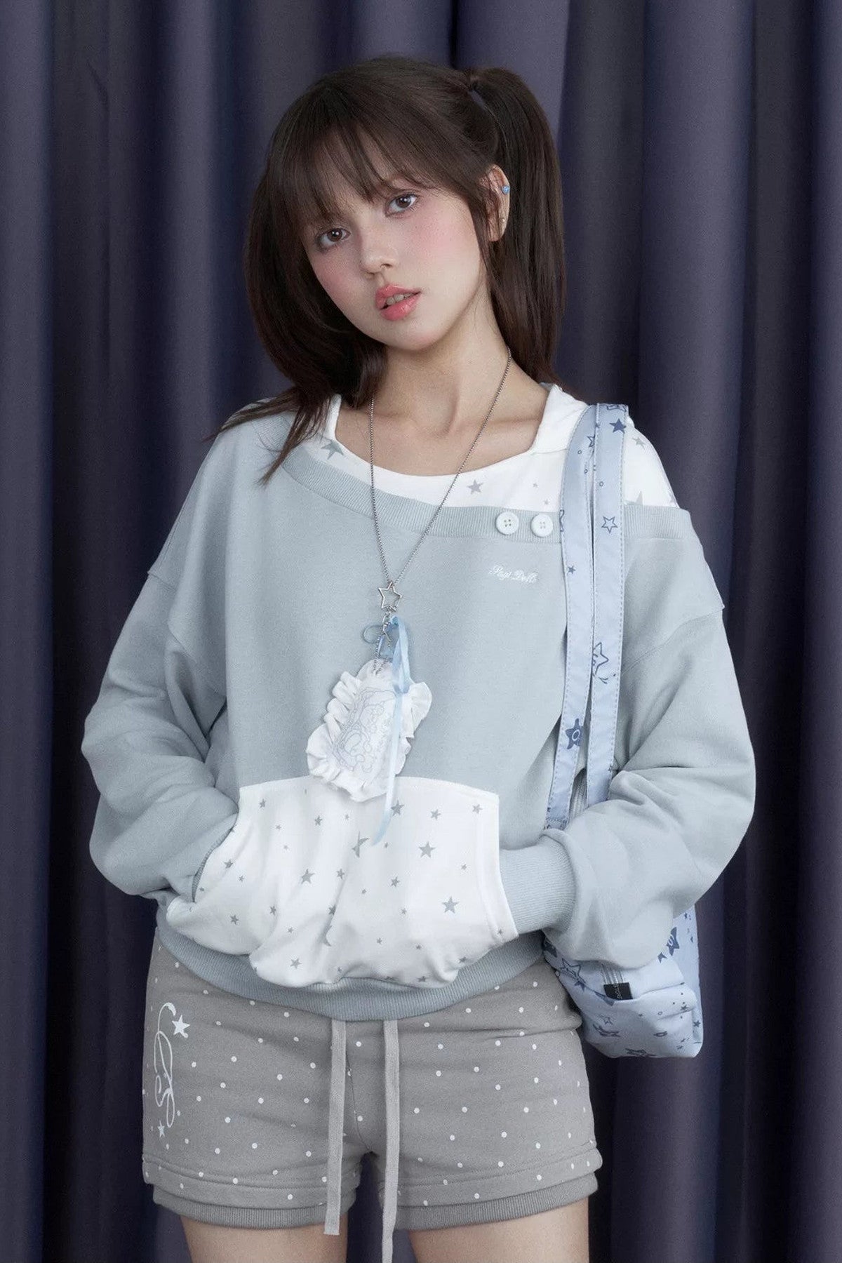 Blue White Star Layered-Look Hooded Sweatshirt