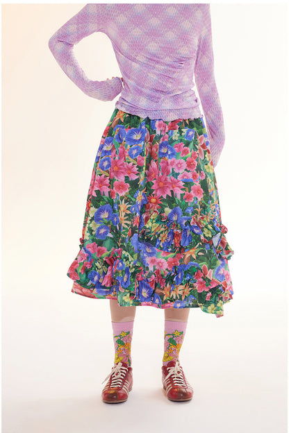 Floral Plaid Ruffled Skirt