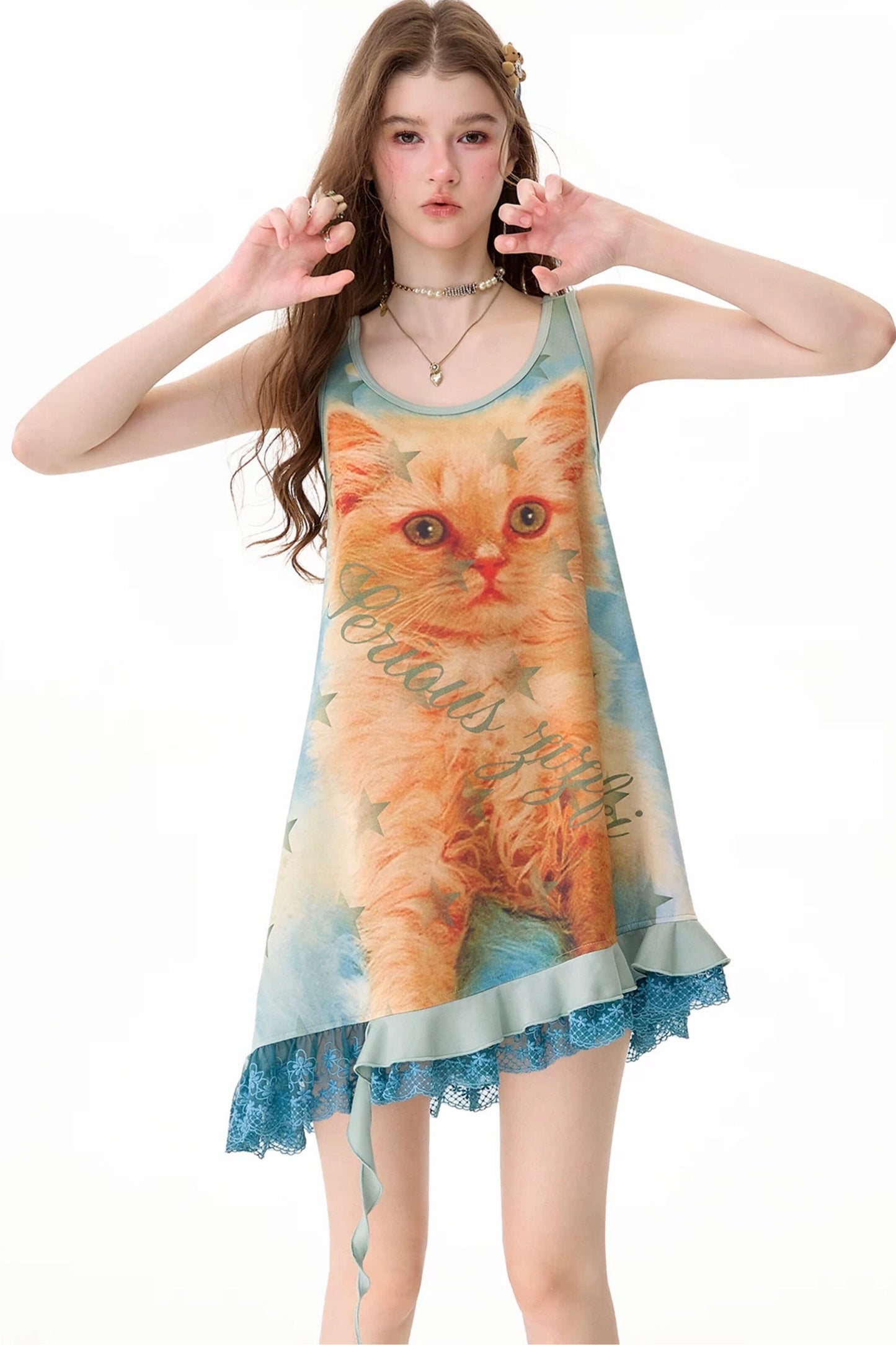 Robe chasuble à imprimé chat et bordure en dentelle