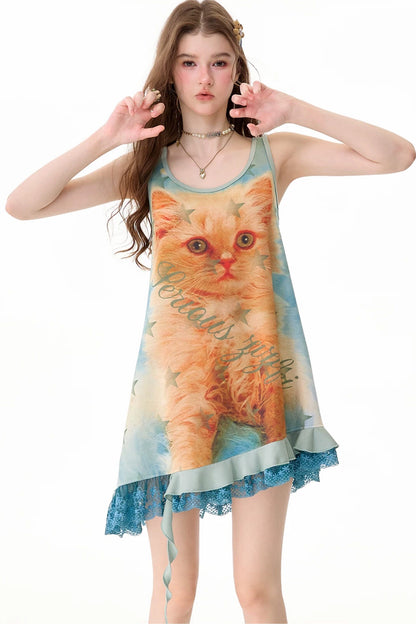 Robe chasuble à imprimé chat et bordure en dentelle