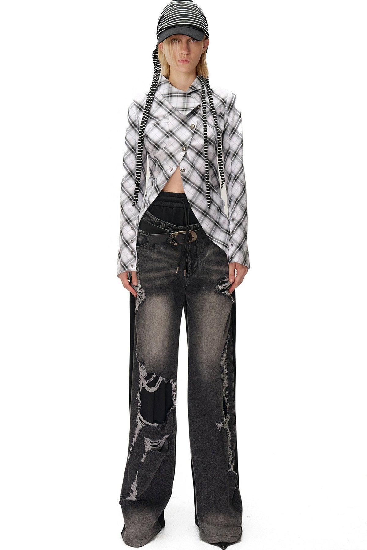 Irregular Plaid Layered-Look Multi-Wear Shirt