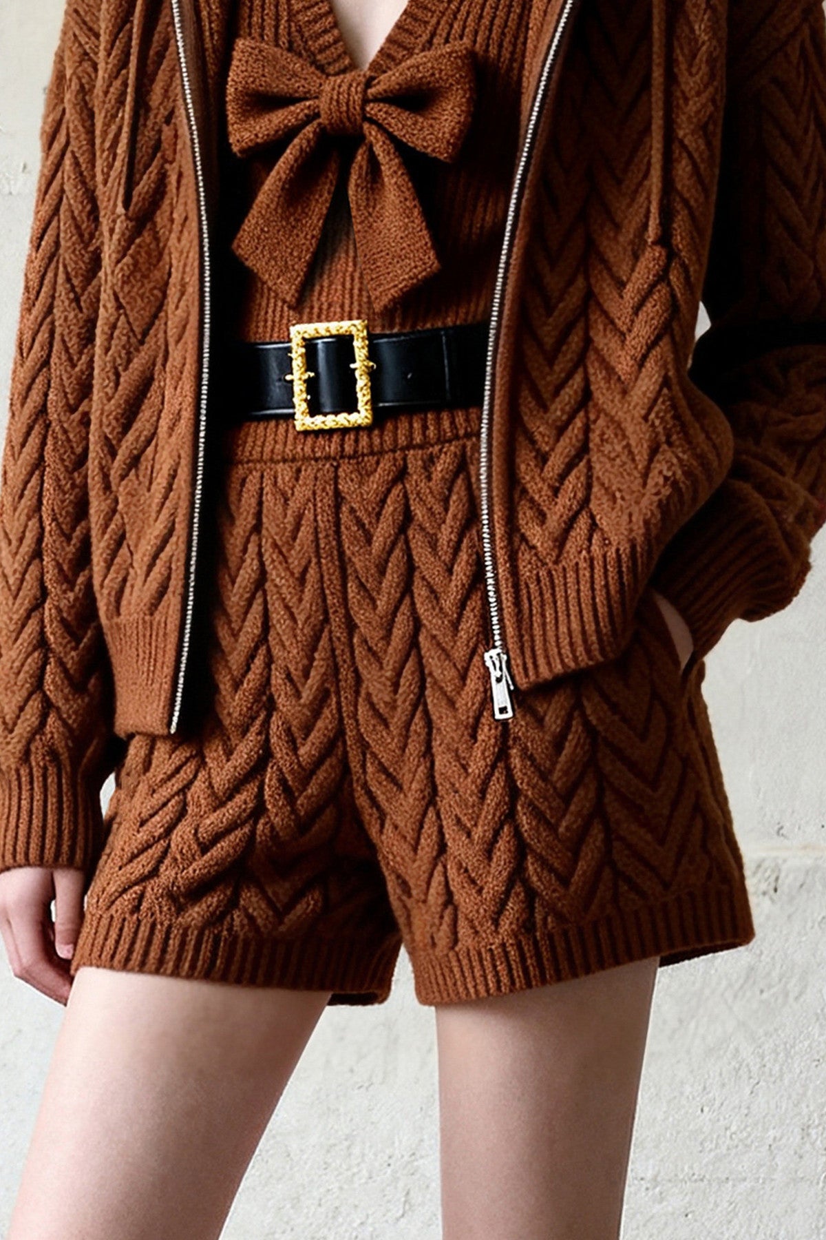 Hooded Cable Knit Cardigan and Shorts Set