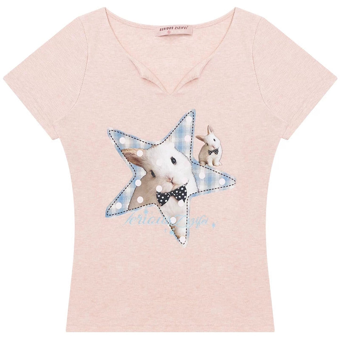 Star Rabbit Pink V-Neck T-Shirt
